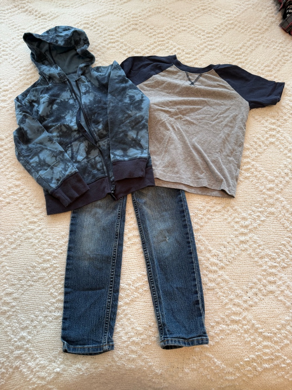 Carter's Navy Tie-Dye Zip Hoodie, Gray & Navy Raglan Tee, Blue Jeans Set